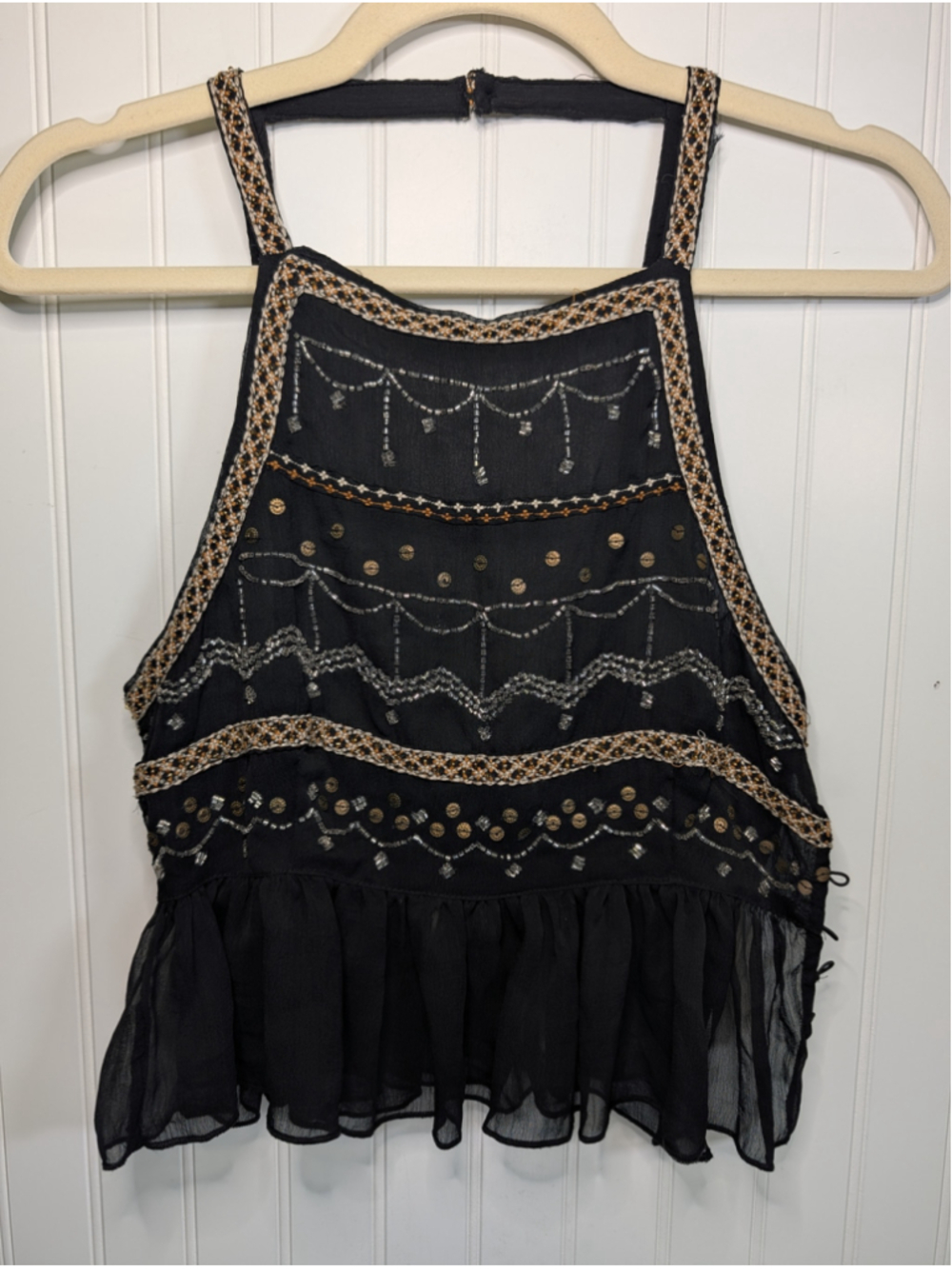 Free People Camille Embellished Backless Cami Black Gold Beaded Boho Ruffle XS